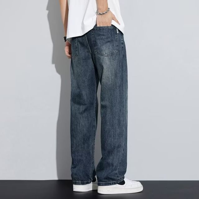 Lefitt-Mid Rise Washed Straight Leg Jeans