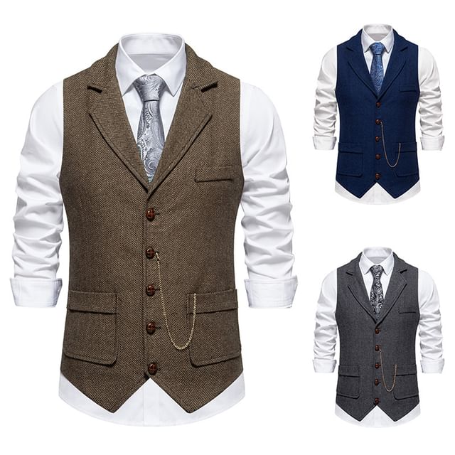 Lefitt-Notch Lapel Chain Accent Tweed Button Vest