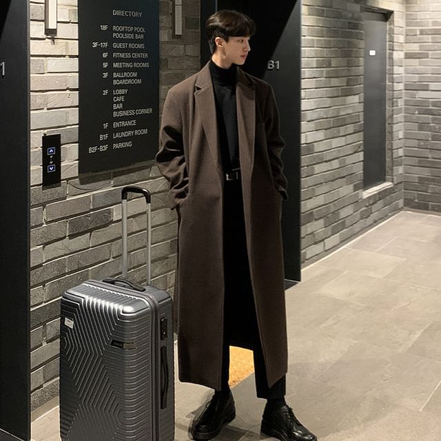 Lefitt-Notch Lapel Plain Midi Open Front Coat