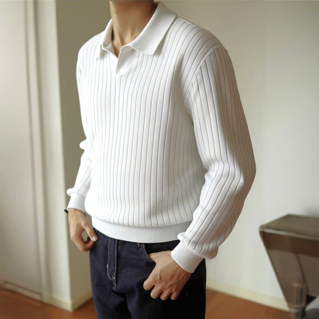 Lefitt-Polo Collar Plain Ribbed Knit Sweater