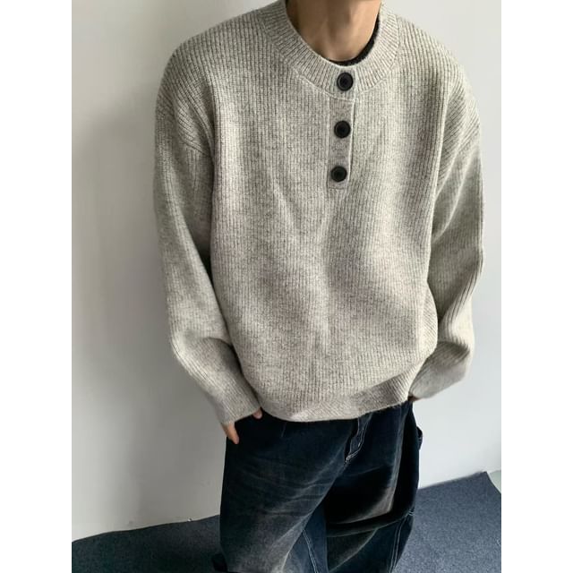 Lefitt-Round Neck Plain Ribbed Knit Henley Sweater