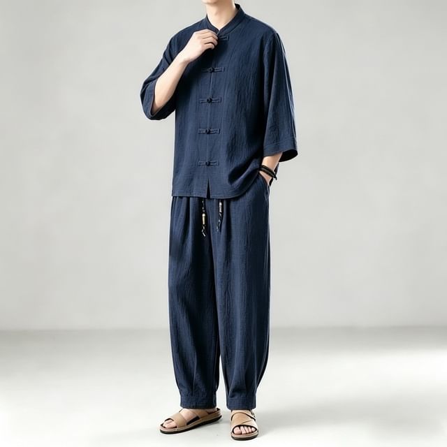 Lefitt-Set 34-Sleeve Stand Collar Plain Frog Buttoned Shirt Drawstring Waist Baggy Pants