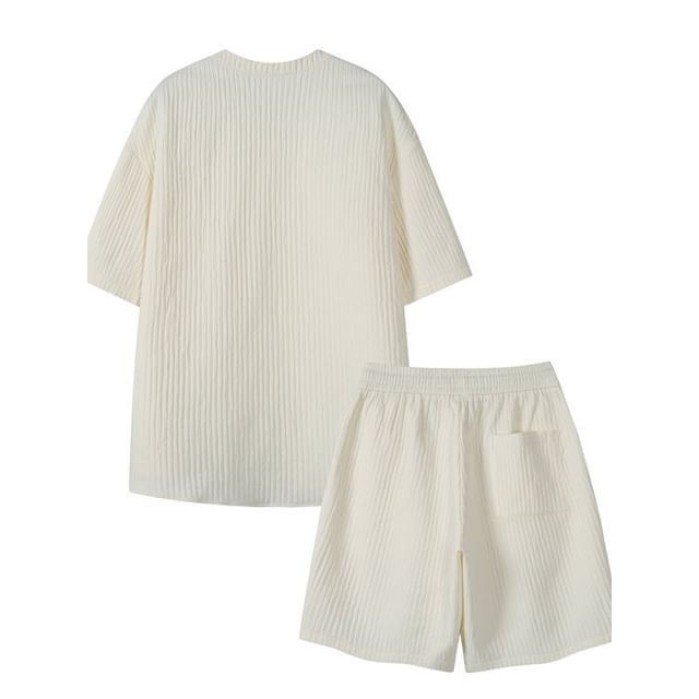 Lefitt-Set Short Sleeve Round Neck Plain Ribbed Zip Top Drawstring Waist Shorts