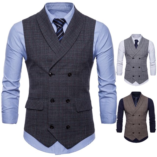 Lefitt-Shawl Collar Plaid Double-Breasted Vest
