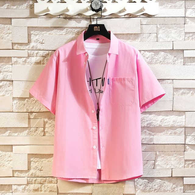 Lefitt-Short Sleeve Collared Plain Shirt