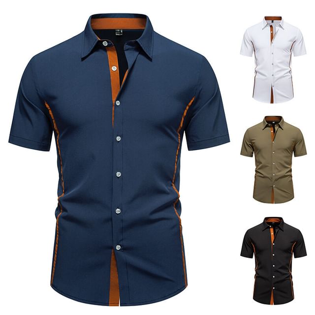 Lefitt-Short Sleeve Collared Two Tone Panel Shirt