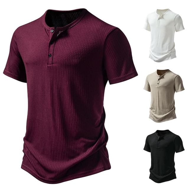 Lefitt-Short-Sleeve Henley Plain T-Shirt