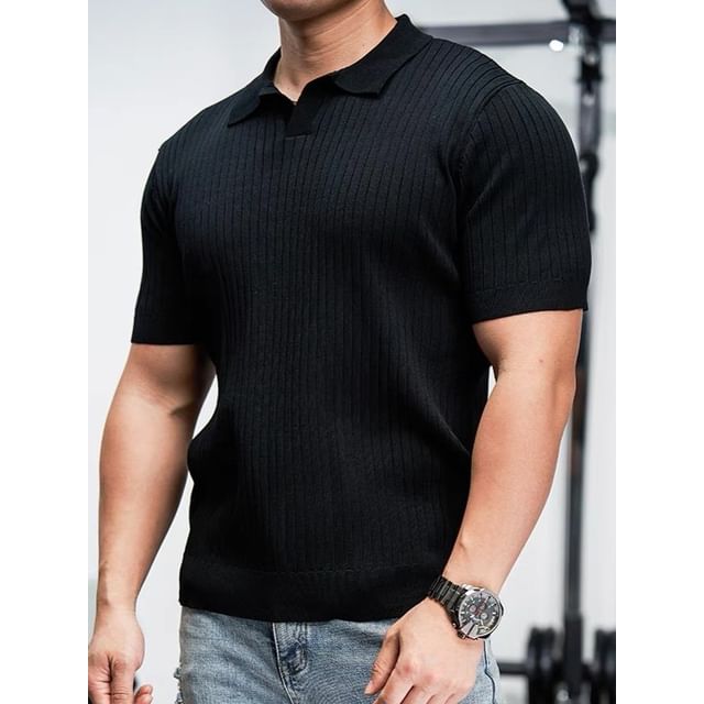 Lefitt-Short Sleeve Open Placket Plain Ribbed Knit Polo Top