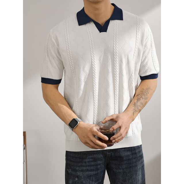 Lefitt-Short Sleeve Open Placket Two Tone Cable Knit Polo Top