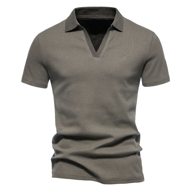 Lefitt-Short-Sleeve V-Neck Collared Plain T-Shirt