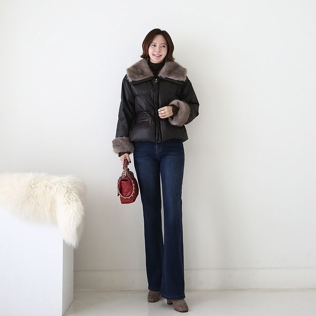 Lemite-Fur-Collar Pleather Down Jacket