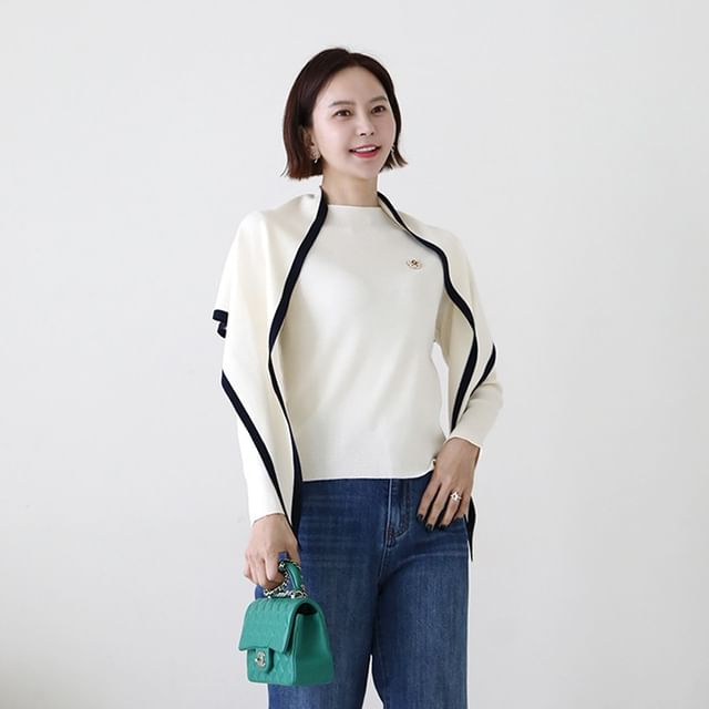 Lemite-Knit Set Mockneck Top Triangle Scarf Brooch