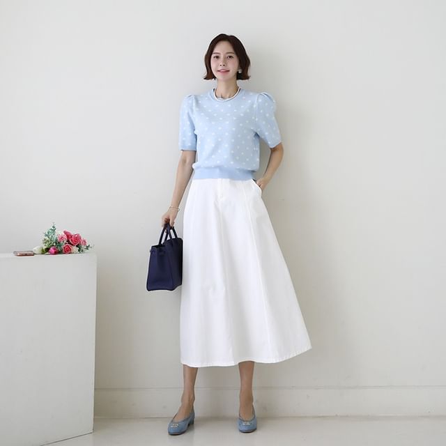 Lemite-Puff-Shoulder Polka-Dot Knit Top