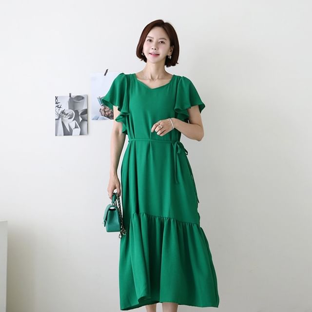Lemite - Ruffled Long Trapeze Dress with Sash | YesStyle