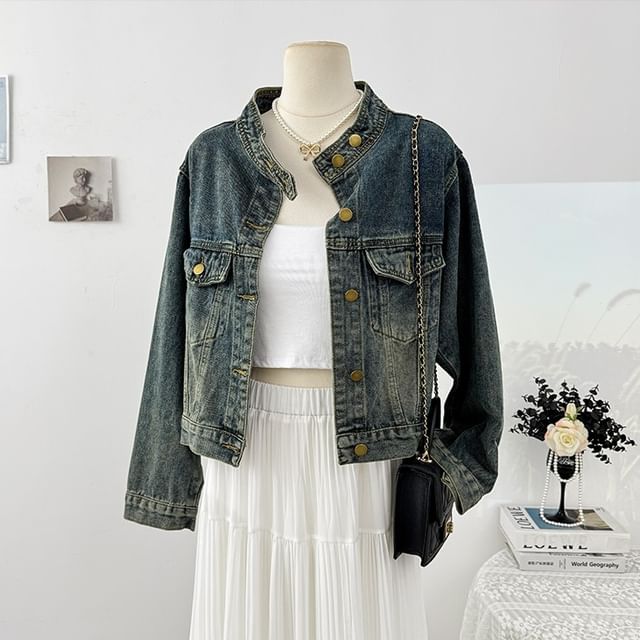 Lemongrass-Band Collar Washed Button Denim Jacket