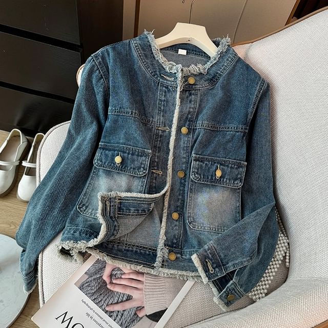 Lemongrass-Band Collar Washed Fray Panel Button Denim Jacket