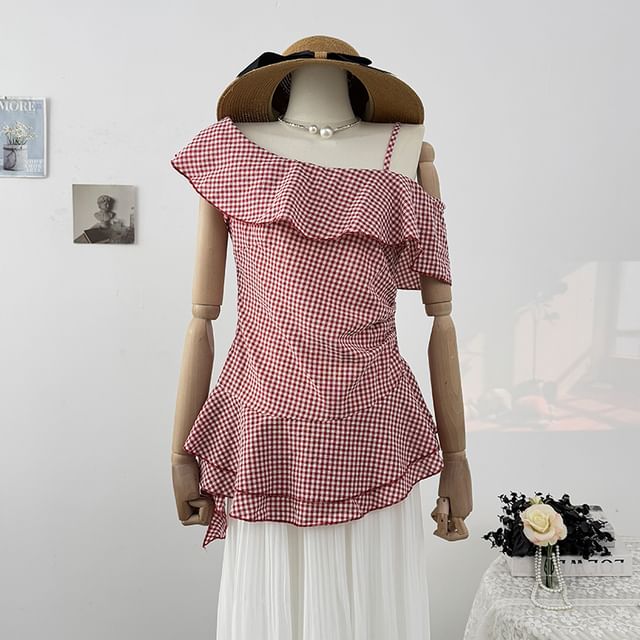 Lemongrass-Cap-Sleeve Asymmetrical Neck Cold-Shoulder Ruffle Trim Peplum Blouse