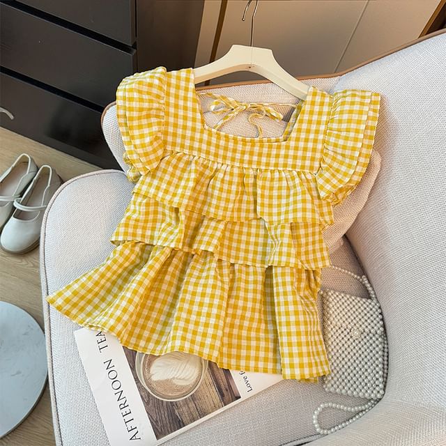 Lemongrass-Cap-Sleeve Square Neck Gingham Tiered Blouse