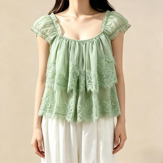 Lemongrass-Cap-Sleeve Square Neck Lace Panel Layered Blouse