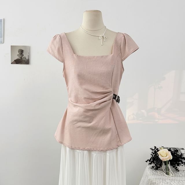 Lemongrass-Cap-Sleeve Square Neck Plain Buckled Blouse