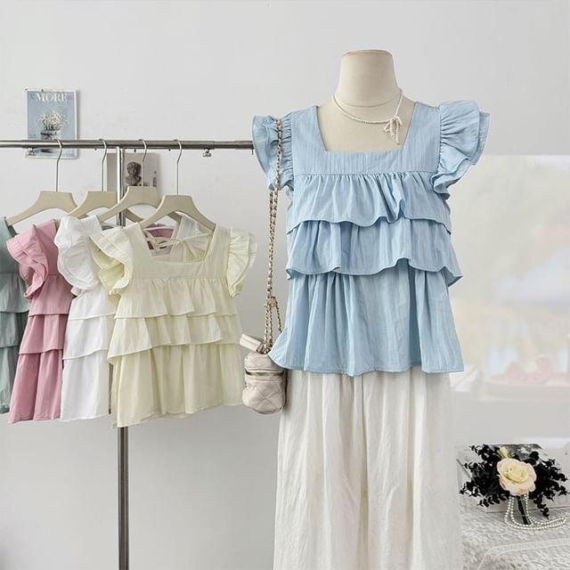 Lemongrass-Cap-Sleeve Square Neck Plain Crop Blouse