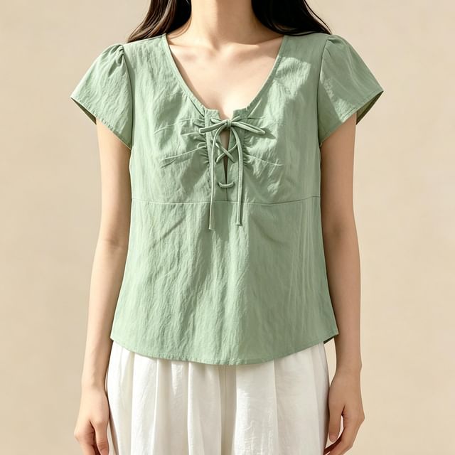 Lemongrass-Cap Sleeve V-Neck Plain Lace Up Blouse