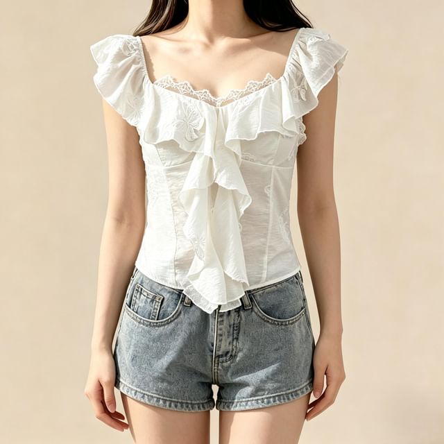 Lemongrass-Cap-Sleeve V-Neck Ruffle Plain Top