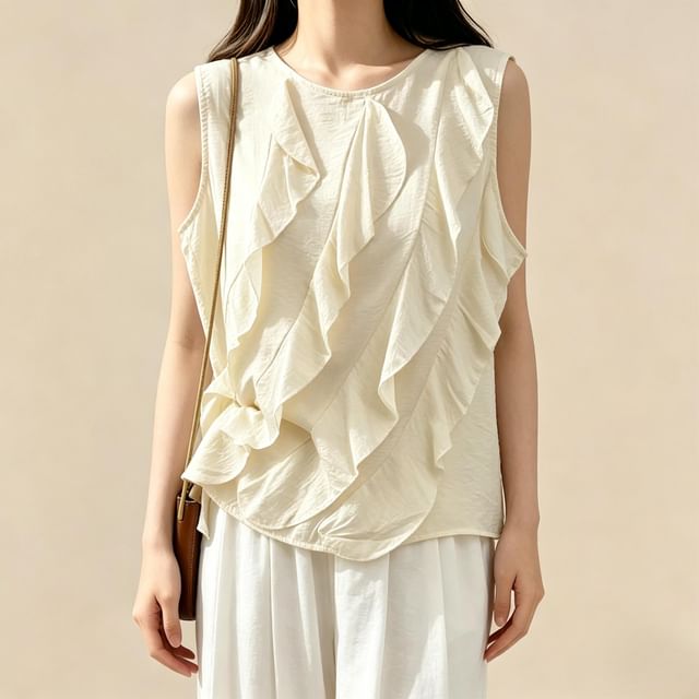 Lemongrass-Crewneck Ruffle Plain Tank Top