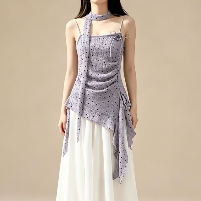 Lemongrass-Dotted Asymmetrical Ruched Camisole Top