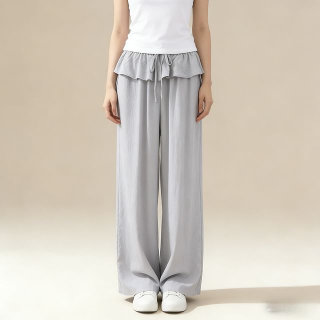 Lemongrass-Drawstring Waist Plain Ruffle Wide Leg Pants
