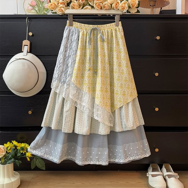 Lemongrass-Elastic Waist Patterned Asymmetrical Lace Panel Layered Midi A-Line Skirt