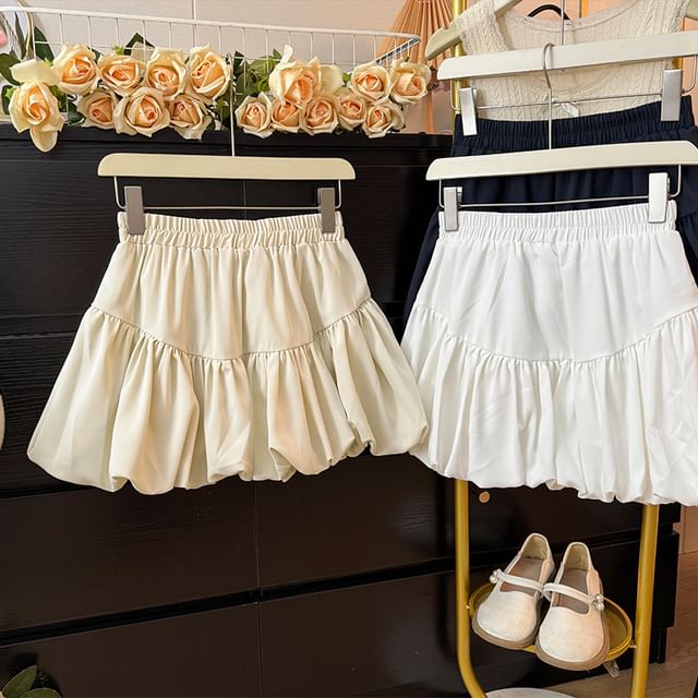 Lemongrass-Elastic Waist Plain Mini Bubble Skirt