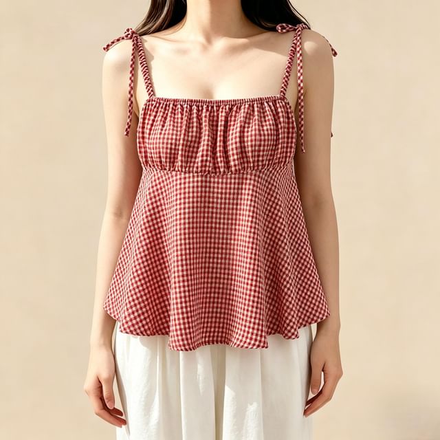 Lemongrass-Gingham Check Flowy Camisole Top