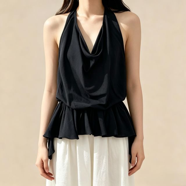 Lemongrass-Halter Neck Draped Plain Flowy Blouse