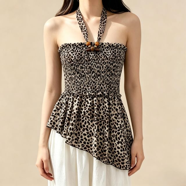 Lemongrass-Halter Neck Leopard Print Asymmetrical Top