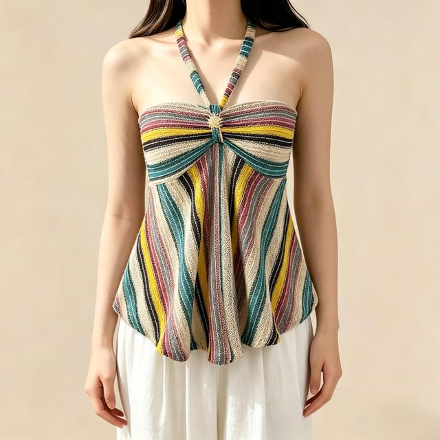 Lemongrass-Halter Neck Multicolor Striped Open Back Flowy Top