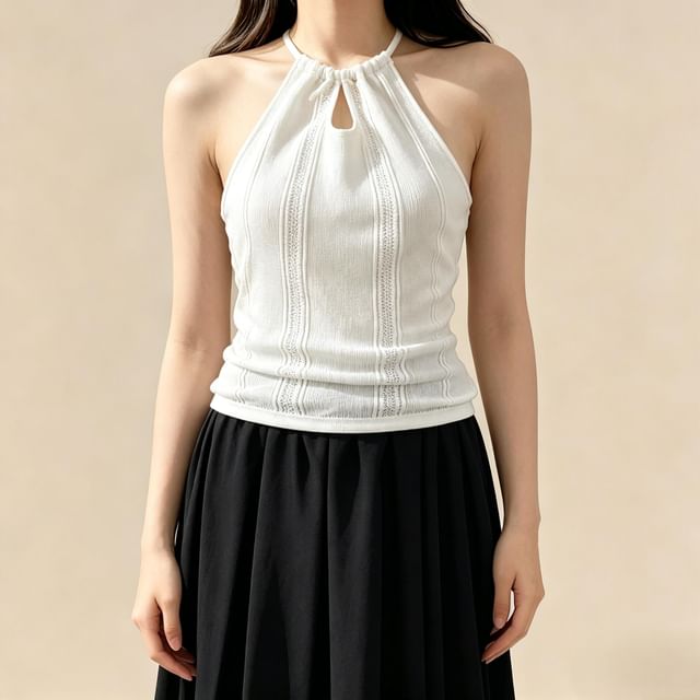 Lemongrass-Halter Neck Plain Cutout Open Back Crop Knit Top