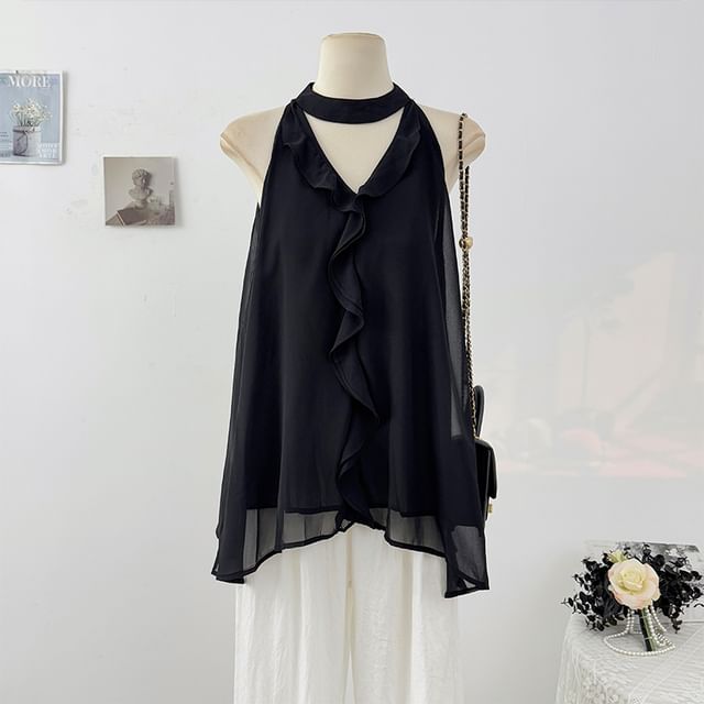 Lemongrass-Halter Neck Plain Ruffle Trim Cutout Flowy Top