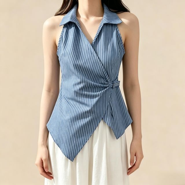 Lemongrass-Halter V-Neck Collared Asymmetrical Belted Wrap Top