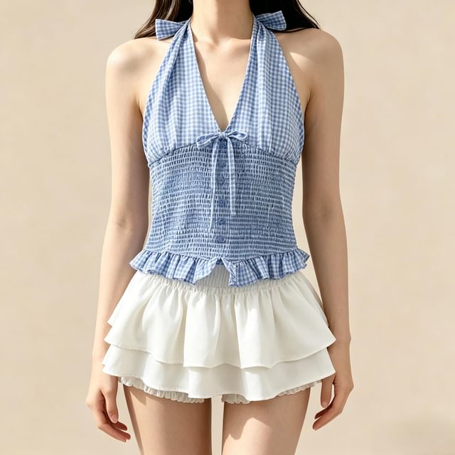 Lemongrass-Halter V-Neck Gingham Smocked Open Back Crop Top