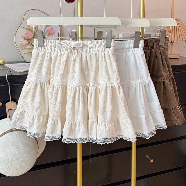 Lemongrass-High Waist Drawstring Plain Lace Panel Mini Skirt