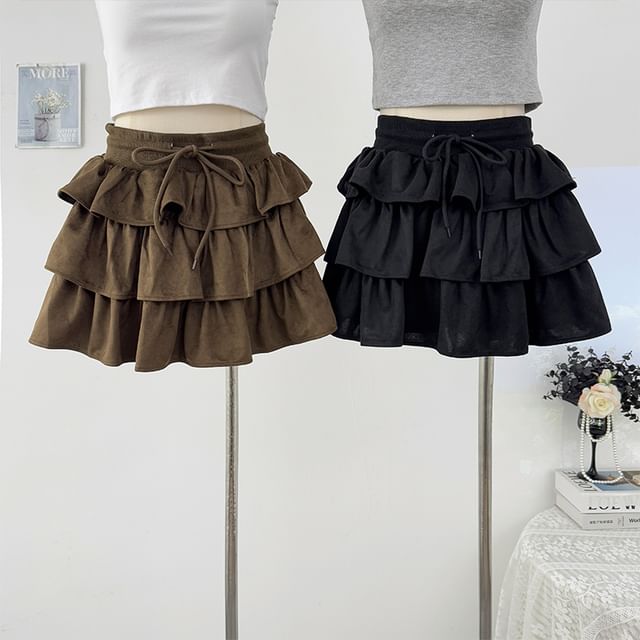 Lemongrass-High Waist Plain Mini Tiered Skirt