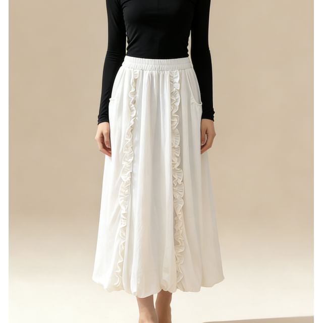 Lemongrass-High Waist Plain Ruffled Bubble Hem Maxi Skirt