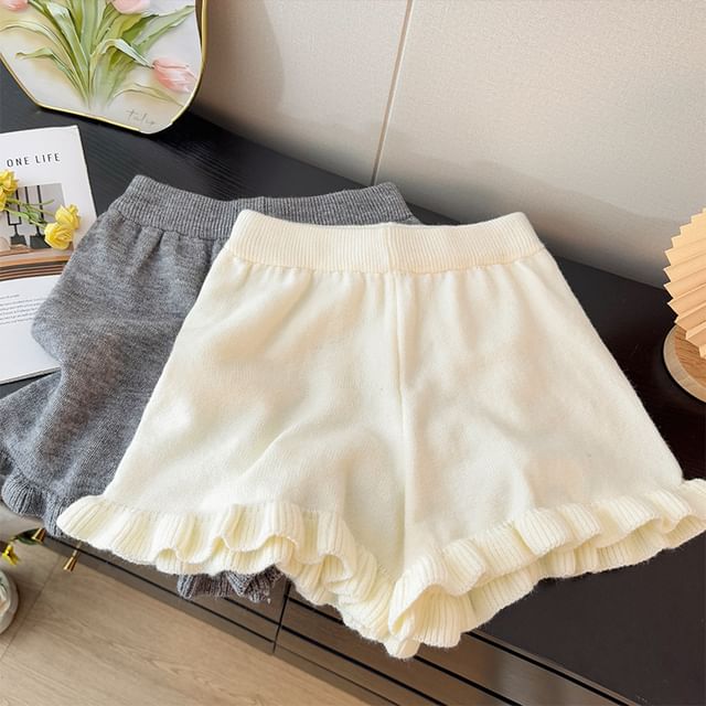 Lemongrass-High Waist Plain Ruffled Hem Knitted Shorts