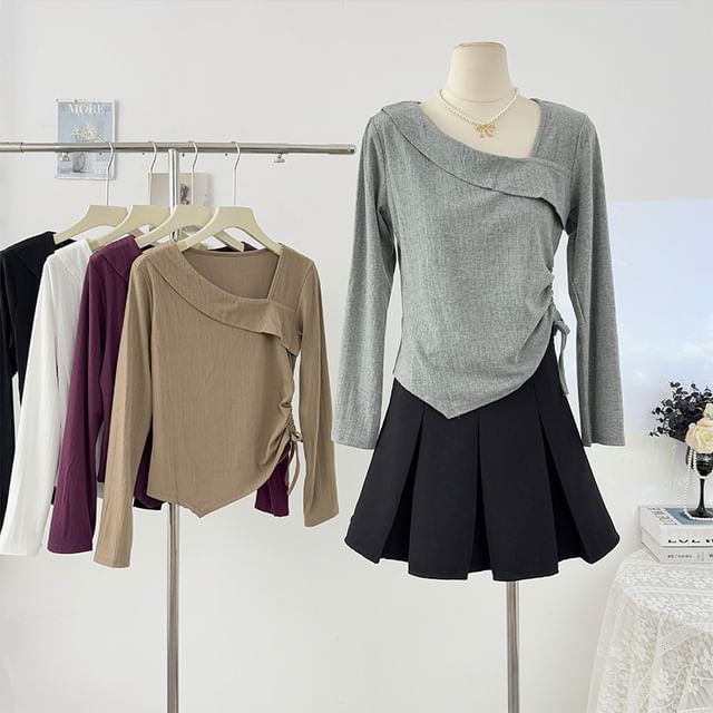 Lemongrass-Long-Sleeve Asymmetrical Neckline Plain Top