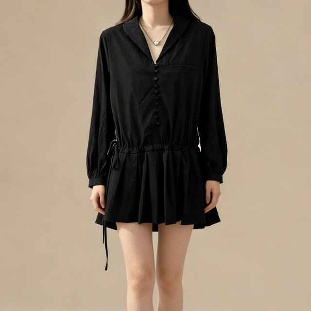 Lemongrass-Long Sleeve Collared Plain Pleated Drawstring Button Mini A-Line Dress