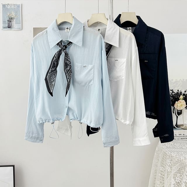 Lemongrass-Long-Sleeve Collared Plain Shirt with Scarf