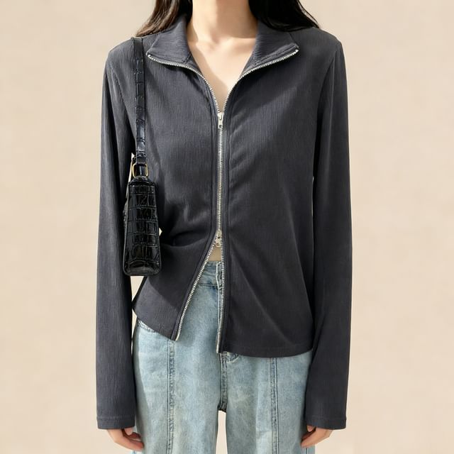 Lemongrass-Long Sleeve Collared Plain Zip-Up Jacket