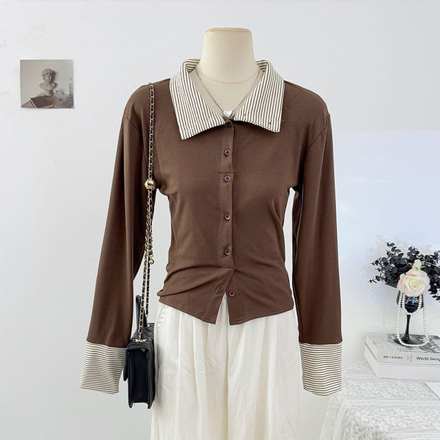 Lemongrass-Long Sleeve Collared Striped Button-Up Slim-Fit Top