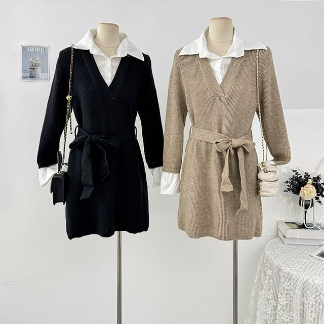Lemongrass-Long Sleeve Mock Two Piece Collared Knitted Mini Bodycon Dress